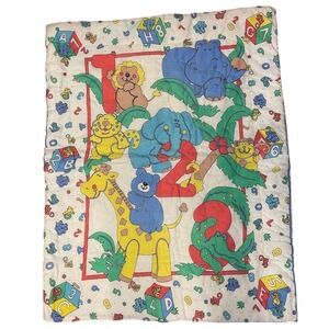 Vintage Jungle Animal Number Baby Blanket 90s Giraffe Elephant Lion Bear Hippo